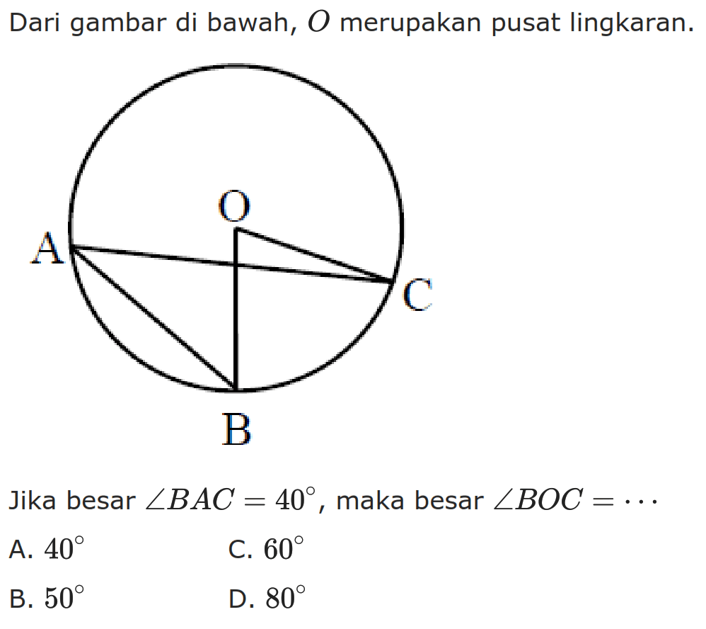 Dari gambar di bawah, O merupakan pusat lingkaran. A O C BJika besar sudut BAC=40, maka besar sudut BOC=... 