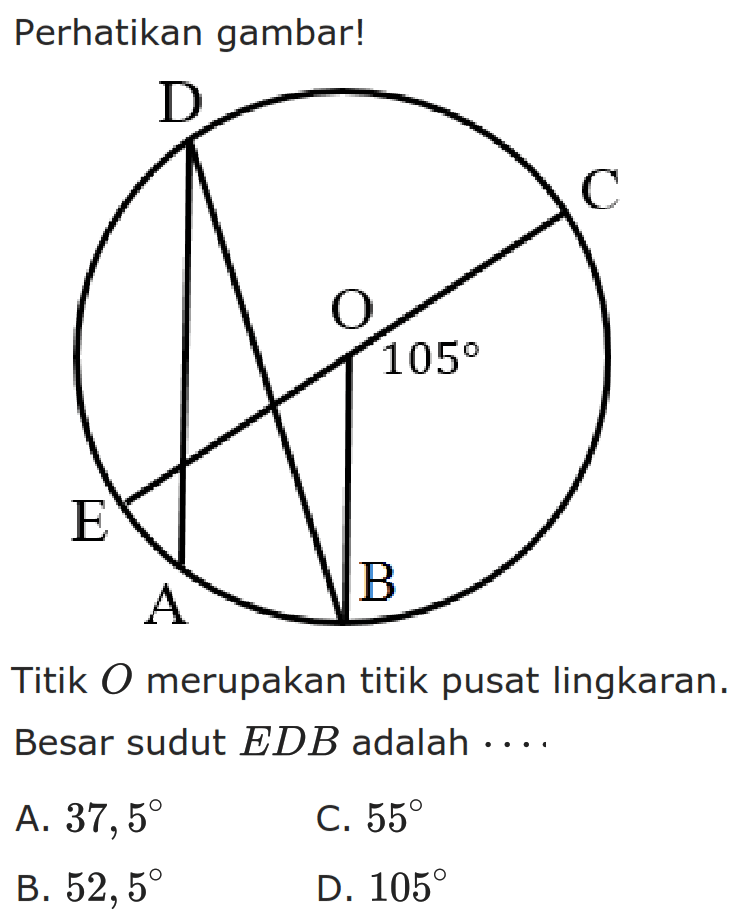 Perhatikan gambar! D C O 105 E A B Titik 0 merupakan titik pusat lingkaran. Besar sudut EDB adalah ...