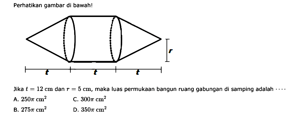 Perhatikan gambar di bawah!Jika t=12 cm dan r=5 cm, maka luas permukaan bangun ruang gabungan di samping adalah ... 
