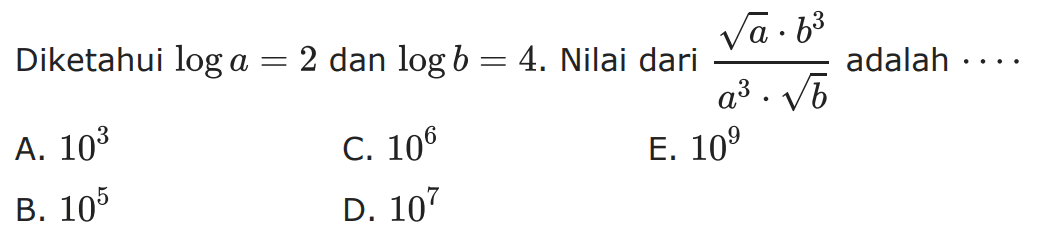 Diketahui loga=2 dan logb=4. Nilai dari (akar(a).b^3)/(a^3.akar(b)) adalah ....