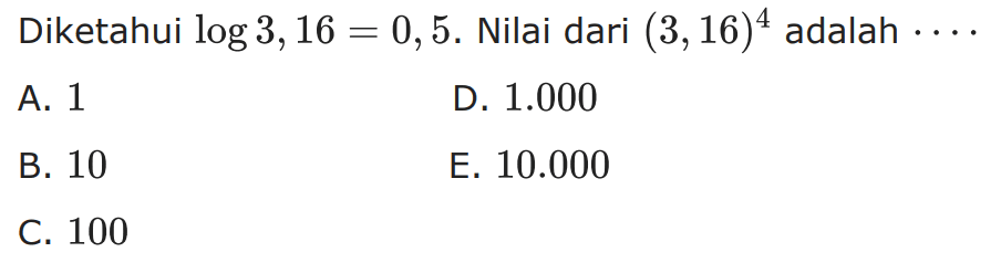 Diketahui log 3,16 = 0,5. Nilai dari (3,16)^4 adalah