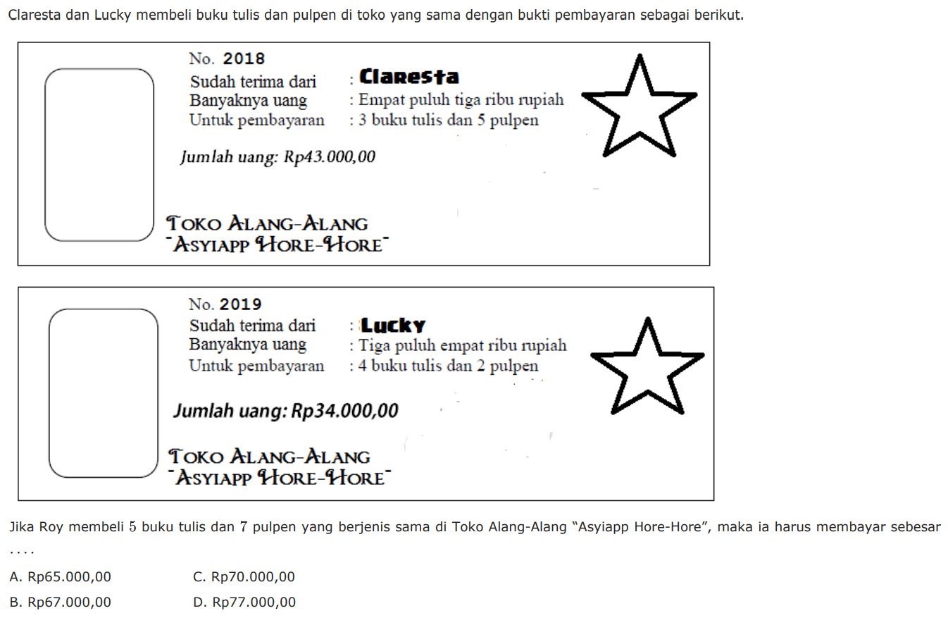 Claresta dan Lucky membeli buku tulis dan pulpen di toko yang sama dengan bukti pembayaran sebagai berikut. No.2018 Sudah terima dari: Claresta Banyaknya uang : Empat puluh tiga ribu rupiah Untuk pembayaran : 3 buku tulis dan 5 pulpen Jumlah uang : Rp43.000,00 No. 2019 Sudah terima dari: Lucky Banyaknya uang : Tiga puluh empat ribu rupiah Untuk pembayaran : 4 buku tulis dan 2 pulpen Jumlah uang :Rp34.000,00 Jika Roy membeli 5 buku tulis dan 7 pulpen yang berjenis dama di Toko Alang-Alang "Asyiapp Hore-Hore", maka ia harus membayar sebesar ....