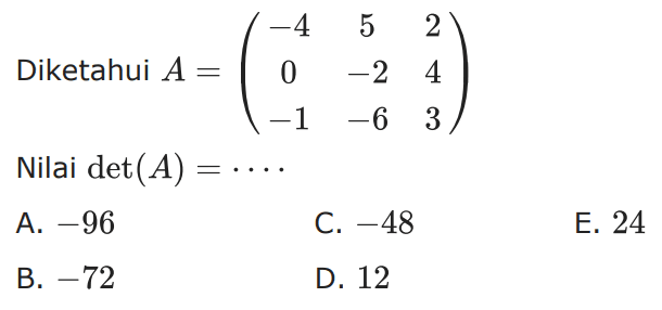 Diketahui A = (-4 5 2 0 -2 4 -1 -6 3) Nilai det(A)=. . . .