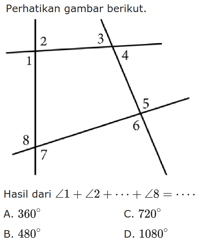 Perhatikan gambar berikut.Hasil dari  sudut 1+sudut 2+...+sudut 8=... 