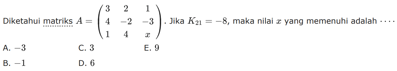 Diketahui matriks A=(3 2 1 4 -2 -3 1 4 x). Jika K21=-8, maka nilai x yang memenuhi adalah ....