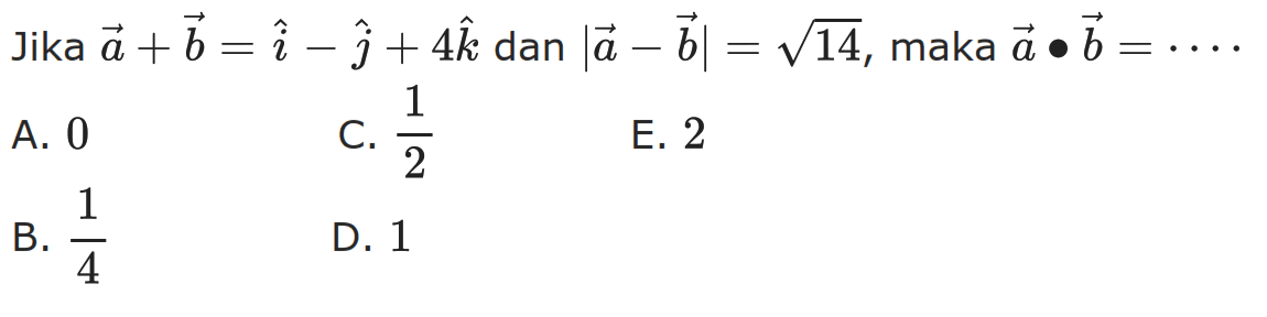 Jika vektor a+vektor b=vektor i-vektor j+4 vektor k dan |a-b|=akar(14), maka (vektor a.vektor b)=... 