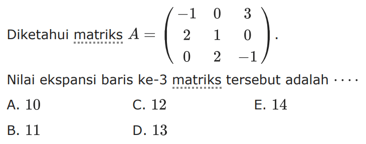 Diketahui matriks A=(-1 0 3 2 1 0 0 2 -1). Nilai ekspansi baris ke-3 matriks tersebut adalah....