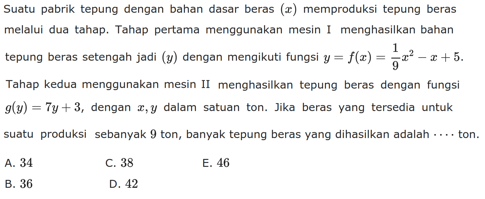 Suatu pabrik tepung dengan bahan dasar beras (x) memproduksi tepung beras melalui dua tahap. Tahap pertama menggunakan mesin I menghasilkan bahan tepung beras setengah jadi (y) dengan mengikuti fungsi y=f(x)=1/9 x^2-x+5. Tahap kedua menggunakan mesin II menghasilkan tepung beras dengan fungsi g(y)=7y+3, dengan x, y dalam satuan ton. Jika beras yang tersedia untuk suatu produksi sebanyak 9 ton, banyak tepung beras yang dihasilkan adalah .. .. ton.