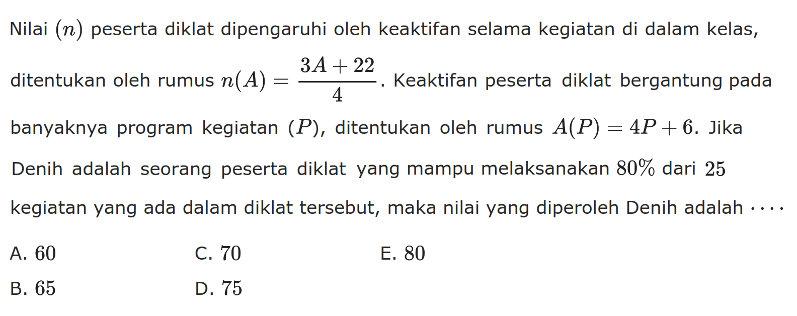 Nilai (n) peserta diklat dipengaruhi oleh keaktifan selama kegiatan di dalam kelas, ditentukan oleh rumus n(A)=(3A+22)/4. Keaktifan peserta diklat bergantung pada banyaknya program kegiatan (P), ditentukan oleh rumus A(P)=4P+6. Jika Denih adalah seorang peserta diklat yang mampu melaksanakan 80% dari 25 kegiatan yang ada dalam diklat tersebut, maka nilai yang diperoleh Denih adalah ...