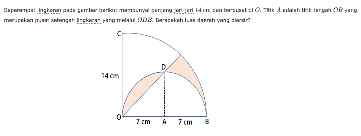 Seperempat lingkaran pada gambar berikut mempunyai panjang jari-jari  14 cm  dan berpusat di  O . Titik  A  adalah titik tengah  OB  yang merupakan pusat setengah lingkaran yang melalui  ODB . Berapakah luas daerah yang diarsir? C D 14 cm O 7 cm A 7 cm B