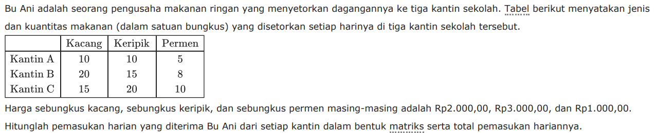 Bu Ani adalah seorang pengusaha makanan ringan yang menyetorkan dagangannya ke tiga kantin sekolah. Tabel berikut menyatakan jenis dan kuantitas makanan (dalam satuan bungkus) yang disetorkan setiap harinya di tiga kantin sekolah tersebut. Kacang Keripik Permen Kantin A 10 10 5 Kantin B 20 15 8 Kantin C 15 20 10 Harga sebungkus kacang, sebungkus keripik, dan sebungkus permen masing-masing adalah Rp2.000,00, Rp3.000,00, dan Rp1.000,00. Hitunglah pemasukan harian yang diterima Bu Ani dari setiap kantin dalam bentuk matriks serta total pemasukan hariannya.