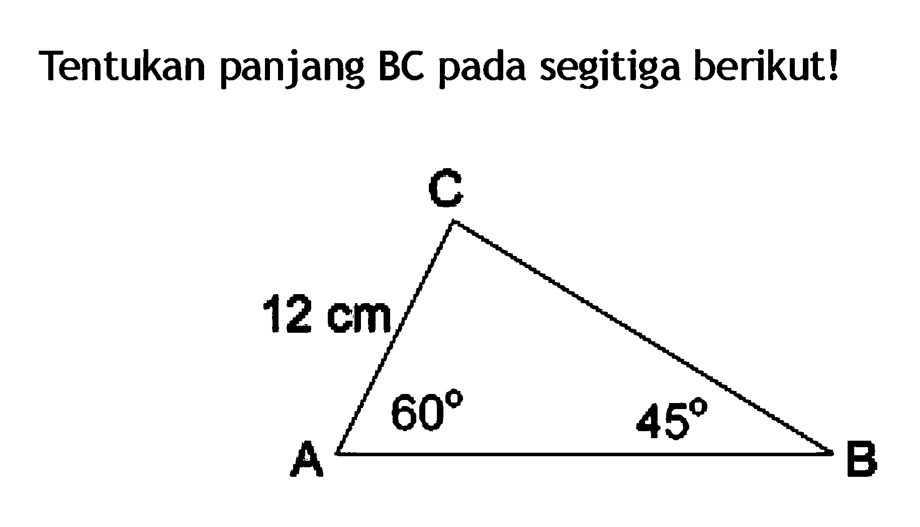 Tentukan panjang BC pada segitiga berikut! C 12 cm A 60 45 B