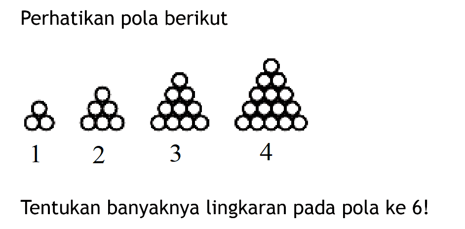 Perhatikan pola berikut  1 2 3 4 Tentukan banyaknya lingkaran pada pola ke 6!