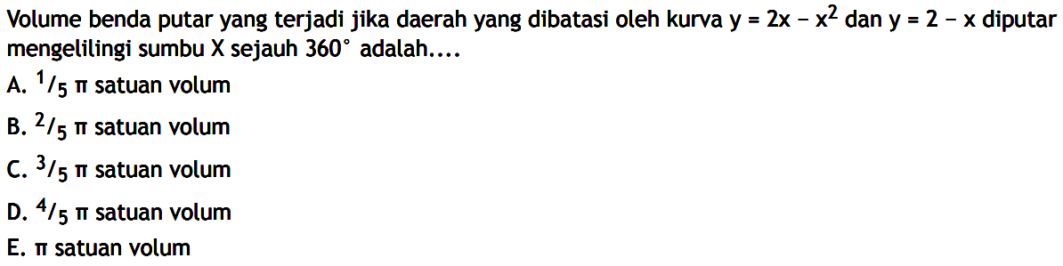 Volume benda putar yang terjadi jika daerah yang dibatasi oleh kurva y=2x-x^2 dan y=2-x diputar mengetilingi sumbu X sejauh 360 adalah....