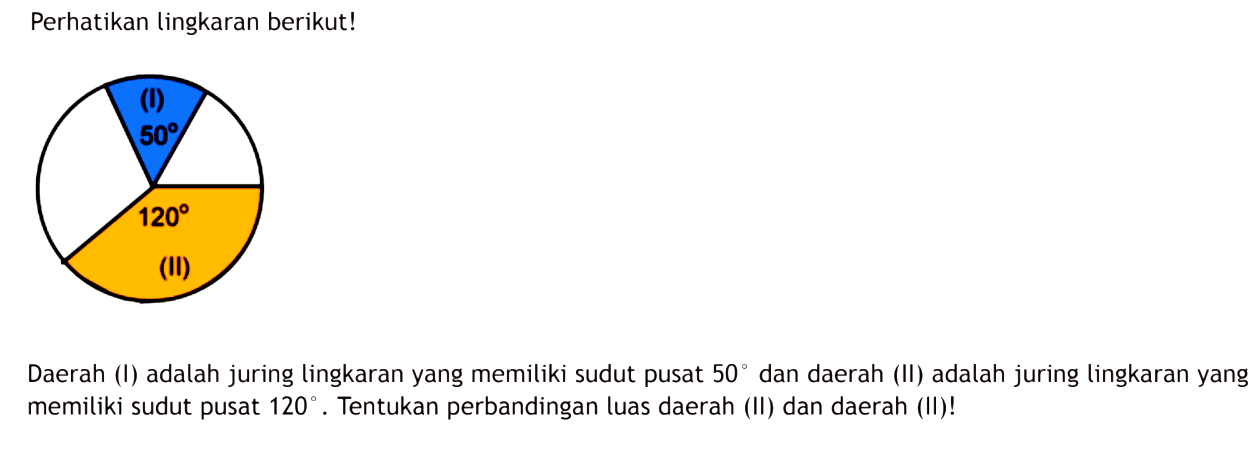 Perhatikan lingkaran berikut!Daerah (I) adalah juring lingkaran yang memiliki sudut pusat  50  dan daerah (II) adalah juring lingkaran yang memiliki sudut pusat  120 . Tentukan perbandingan luas daerah (II) dan daerah (II)!