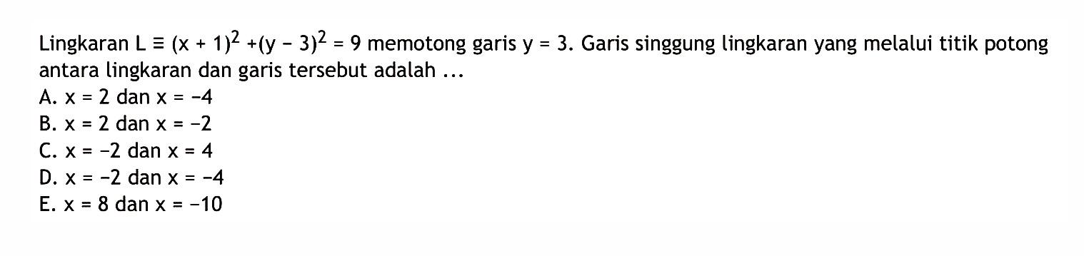 Lingkaran L=(x+1)^2+(y-3)^2=9 memotong garis y= 3. Garis singgung lingkaran yang melalui titik potong antara lingkaran dan garis tersebut adalah