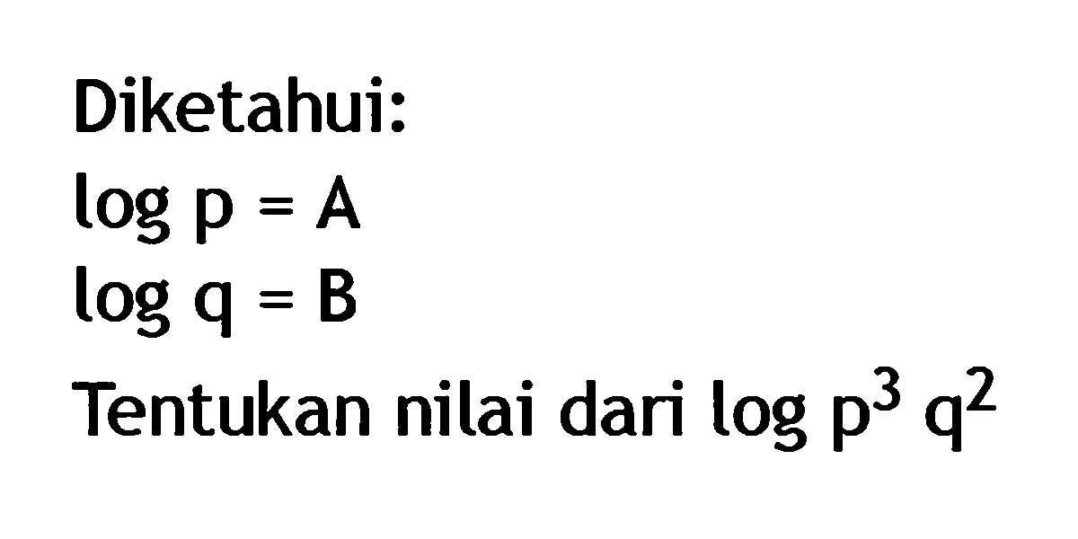 Diketahui: logp=A logq=B Tentukan nilai dari log(p^3 q^2)