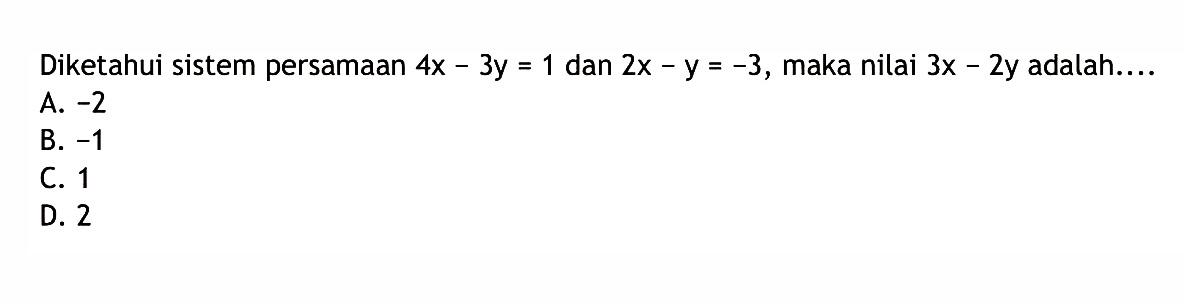 Diketahui sistem persamaan 4x - 3y = 1 dan 2x - y = -3, maka nilai 3x - 2y adalah.... A. -2 B. -1 C. 1 D. 2