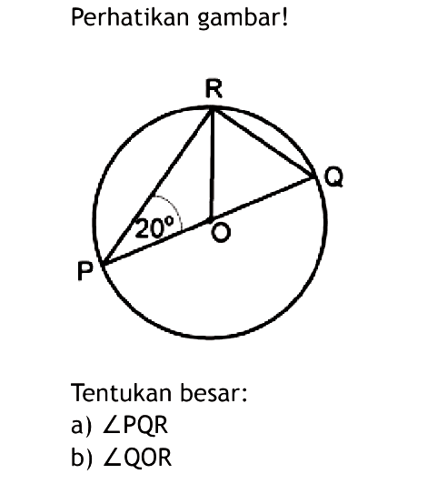 Perhatikan gambar!Tentukan besar:a) sudut PQR b) sudut QOR 