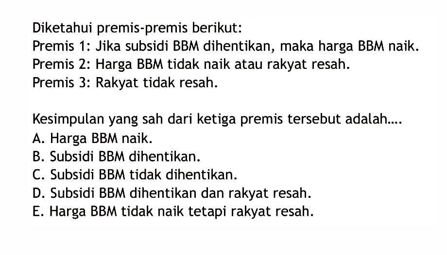 Diketahui premis-premis berikut:Premis 1: Jika subsidi BBM dihentikan, maka harga BBM naik. Premis 2: Harga BBM tidak naik atau rakyat resah. Premis 3: Rakyat tidak resah.Kesimpulan yang sah dari ketiga premis tersebut adalah....