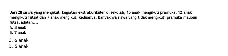 Dari 28 siswa yang mengikuti kegiatan ekstrakurikuler di sekolah, 15 anak mengikuti pramuka, 12 anak mengikuti futsal, dan 7 anak mengikuti keduanya. Banyaknya siswa yang tidak mengikuti pramuka maupun futsal adalah ... A. 8 anak B. 7 anak C. 6 anak D. 5 anak