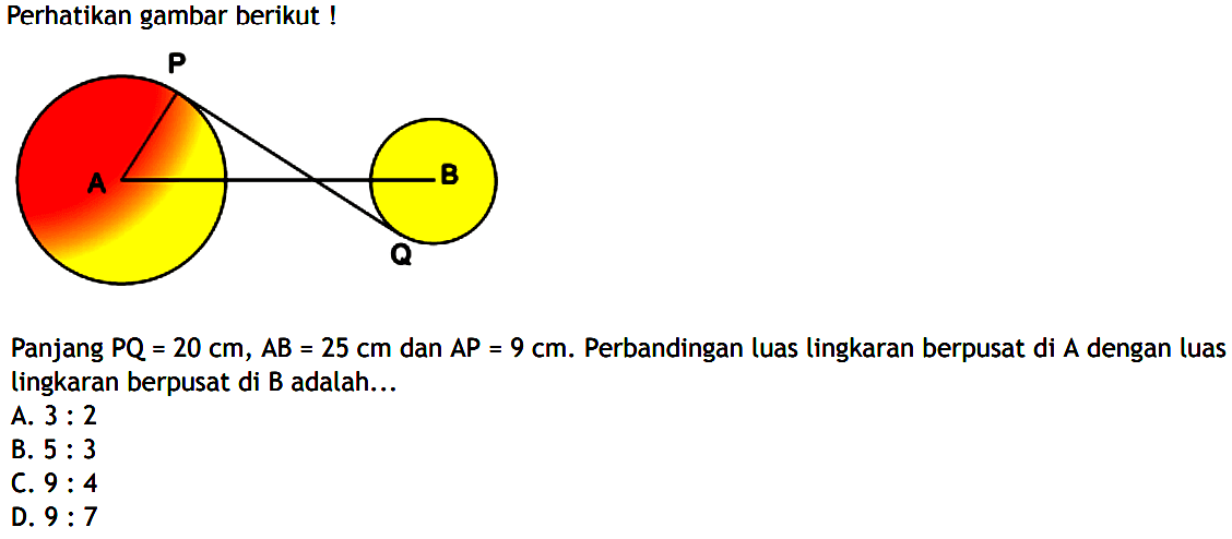 Perhatikan gambar berikut !Panjang PQ=20 cm, AB=25 cm dan AP=9 cm. Perbandingan luas lingkaran berpusat di  A dengan luas lingkaran berpusat di B adalah....