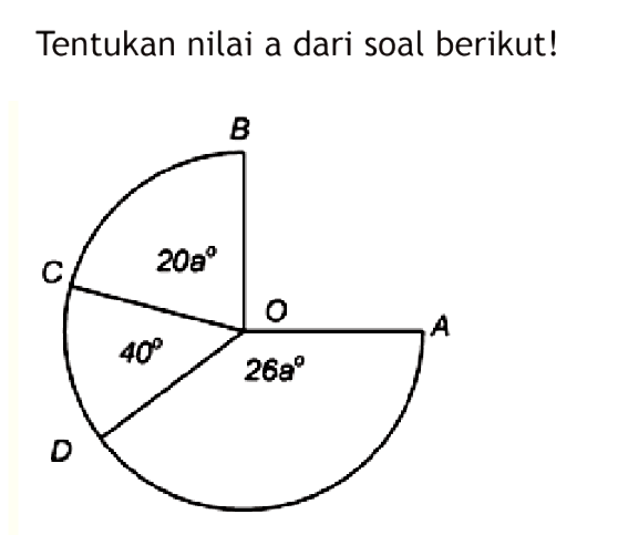 Tentukan nilai a dari soal berikut! B C 20a O A 40 26a D