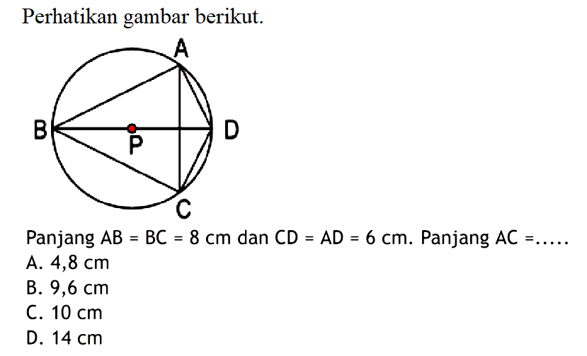 Perhatikan gambar berikut.Panjang  AB=BC=8 cm  dan  CD=AD=6 cm. Panjang AC=.... .