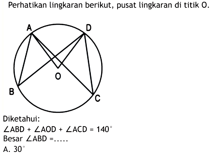 Perhatikan lingkaran berikut, pusat lingkaran di titik O. Diketahui:sudut ABD+sudut AOD+sudut ACD=140 Besar sudut ABD= ....