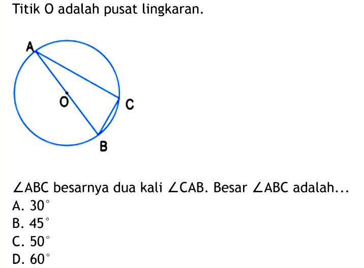 Titik O adalah pusat lingkaran.Sudut ABC besarnya dua kali sudut CAB. Besar sudut ABC adalah...