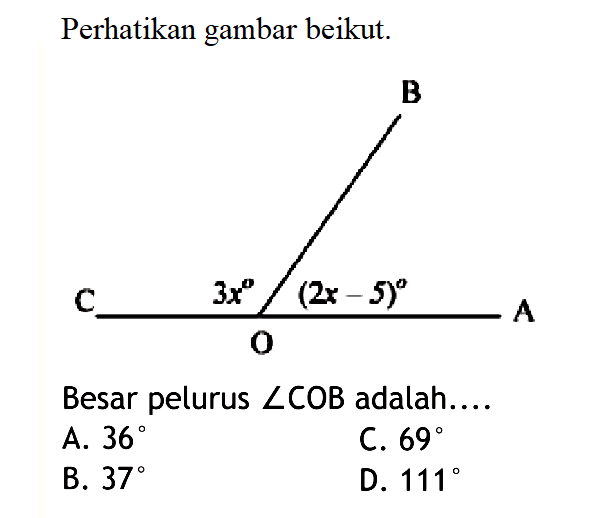 Perhatikan gambar beikut. 3x (2x-5) Besar pelurus sudut COB adalah....