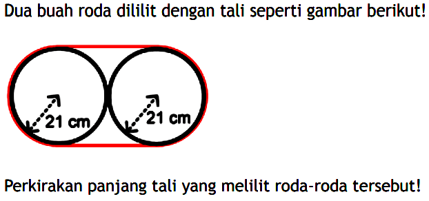 Dua buah roda dililit dengan tali seperti gambar berikut! 21 cm 21 cm
Perkirakan panjang tali yang melilit roda-roda tersebut!