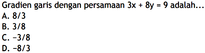 Gradien garis dengan persamaan 3x + 8y = 9 adalah ... A. 8/3 B. 3/8 C. -3/8 D. - 8/3