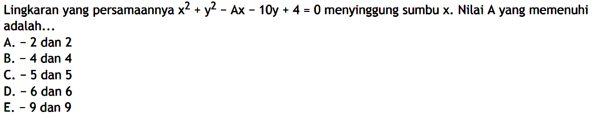 Lingkaran yang persamaannya  x^2+y^2-Ax-10y+4=0  menyinggung sumbu  x .  Nilai  A  yang memenuhi adalah...