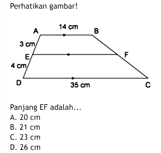 Perhatikan gambar!Panjang EF adalah...