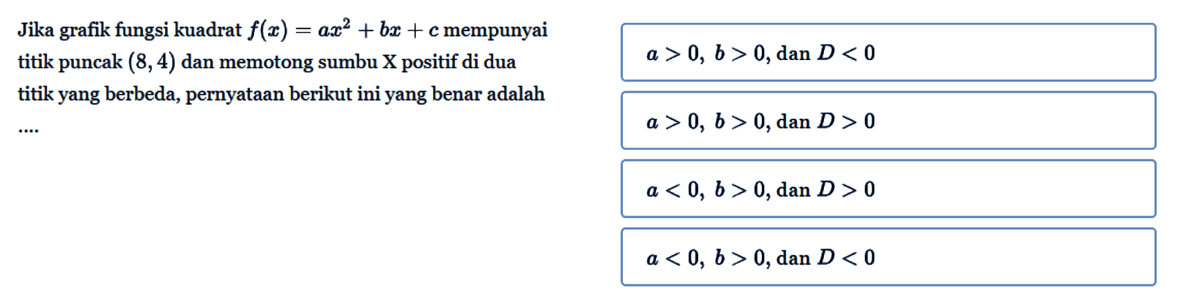 Jika grafik fungsi kuadrat f(x) = ax^2 + bx + c mempunyai titik puncak (8, 4) dan memotong sumbu X positif di dua titik yang berbeda, pernyataan berikut ini yang benar adalah ....