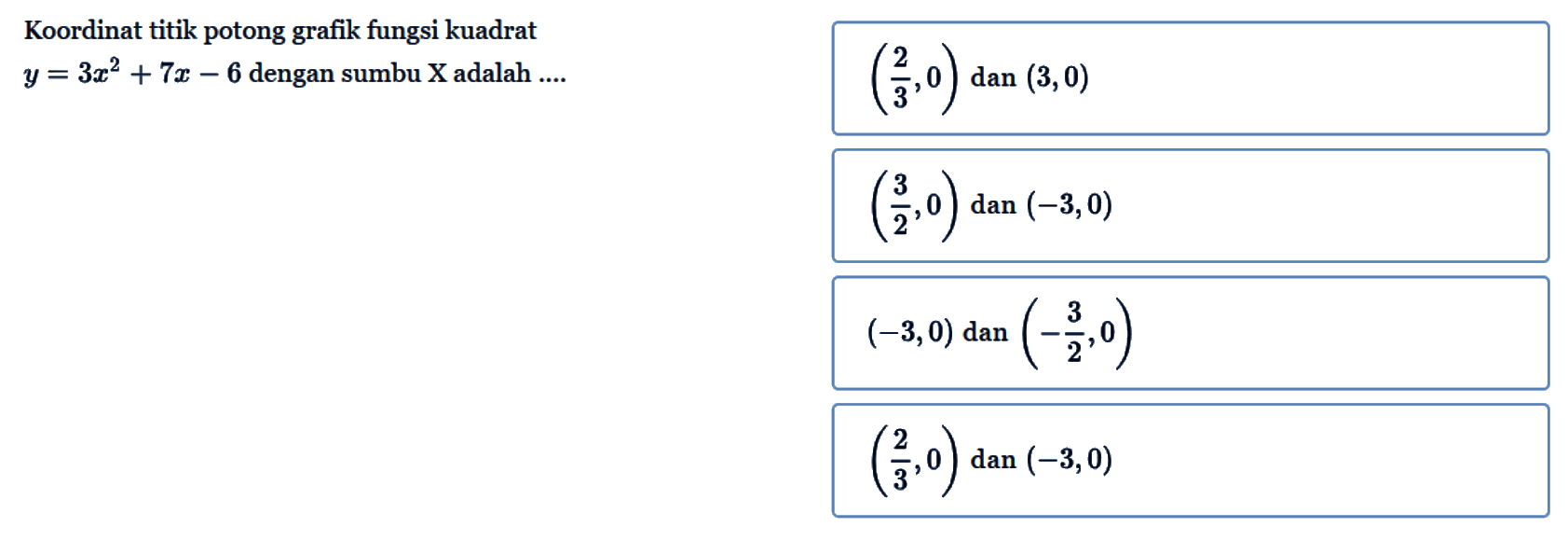 Koordinat titik potong grafik fungsi kuadrat y = 3x^2 + 7x - 6 dengan sumbu X adalah ...