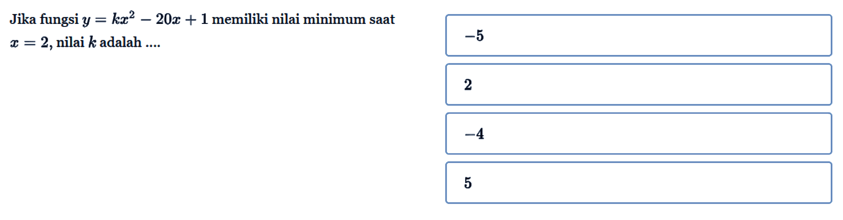 Jika fungsi y=kx^2-20x+1 memiliki nilai minimum saat x=2, nilai k adalah....