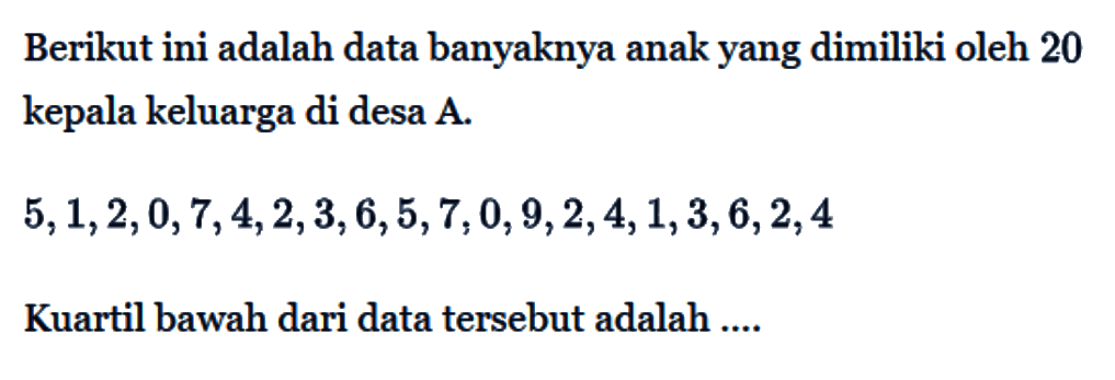 Berikut ini adalah data banyaknya anak yang dimiliki oleh 20 kepala keluarga di desa A 5,1,2,0,7,4,2,3,6,5,7,0,9,2,4,1,3,6,2,4 Kuartil bawah dari data tersebut adalah