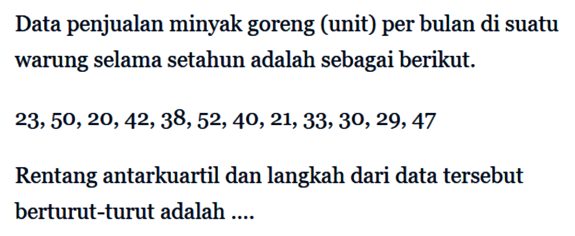 Data penjualan minyak goreng (unit) per bulan di suatu warung selama setahun adalah sebagai berikut. 23, 50, 20,42, 38, 52, 40, 21, 33, 30, 29,47 Rentang antarkuartil dan langkah dari data tersebut berturut-turut adalah....