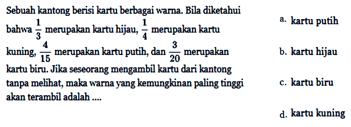 Sebuah kantong berisi kartu berbagai warna. Bila diketahui bahwa 1/3 merupakan kartu hijau, 1/4 merupakan kartu kuning, 4/15 merupakan kartu putih, dan 3/20 merupakan kartu biru. Jika seseorang mengambil kartu dari kantong tanpa melihat, maka warna yang kemungkinan paling tinggi akan terambil adalah...