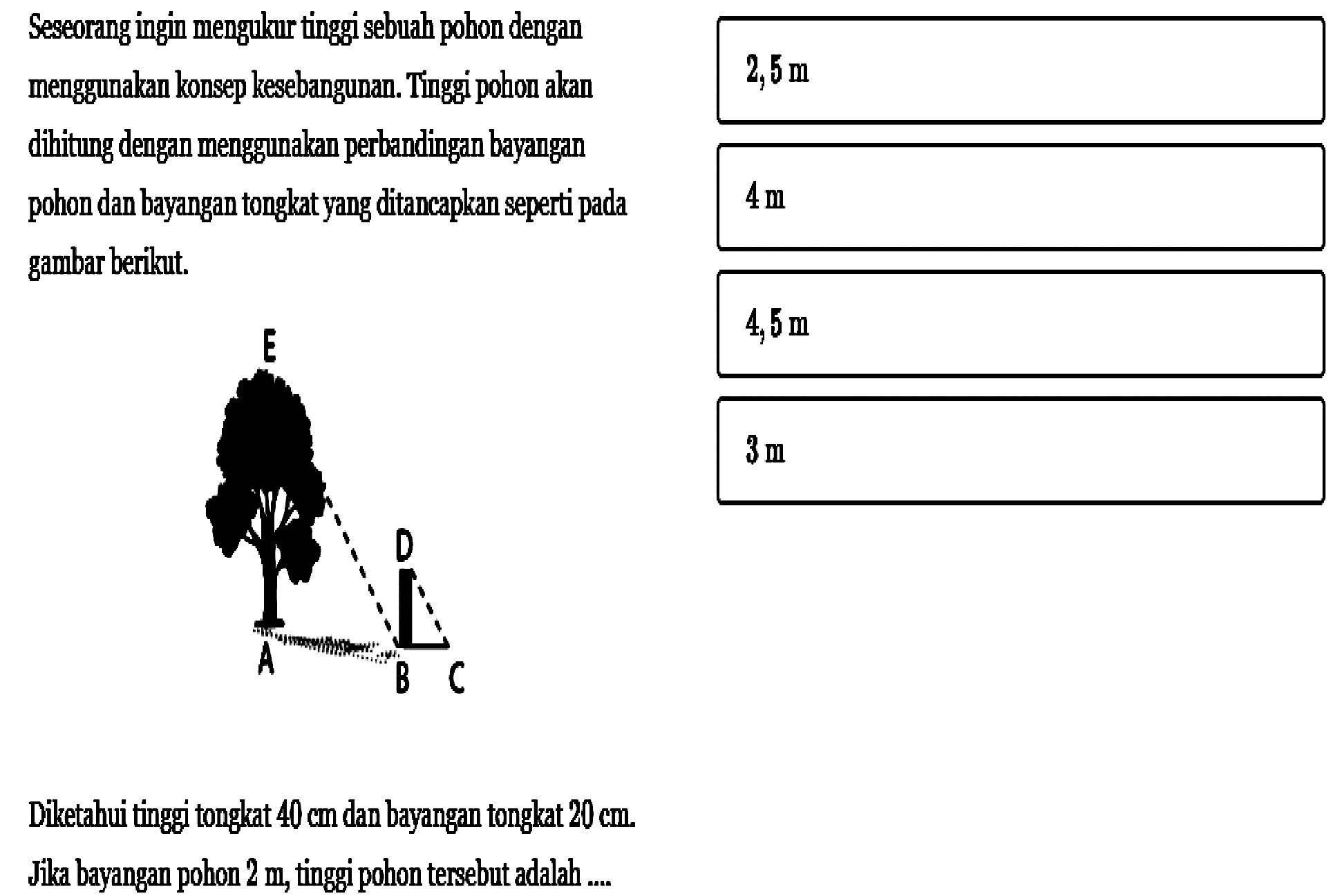 Seseorang ingin mengulur tinggi sebuah pohon denganmenggunakan konsep kesebangunan. Tinggi pohon akandihitung dengan menggunakan perbandingan bayanganpohon dan bayangan tongkat yang ditancapkan seperti padagambar berikut.E D A B C Diketahui tinggitonglat  40 cm  dan bayangan tongkat  20 cm .Jika bayangan pohon  2 m , tinggi pohon tersebut adalah ....