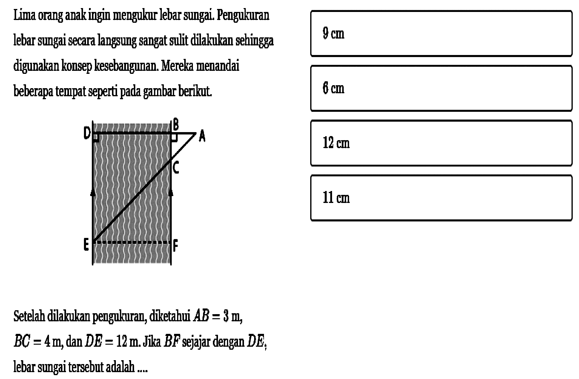 Lima orang anak ingin mengukur lebar sungai. Pengukuran lebar sungai secara langsung sangat sulit dilakukan sehingga digunakan konsep kesebangunan. Mereka menandai beberapa tempat seperti pada gambar berikut. Setelah dilakukan pengukuran, diketahui  AB=3 m, BC=4 m, dan DE=12 m. Jika  BF  sejajar dengan  DE; lebar sungai tersebut adalah ....