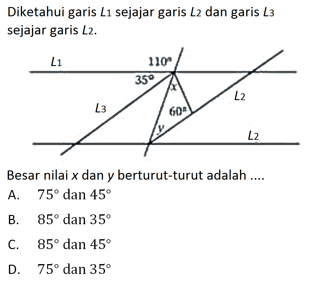 Diketahui garis L1 sejajar garis L2 dan garis L3 sejajar garis L 2.Besar nilai x dan y berturut-turut adalah ....