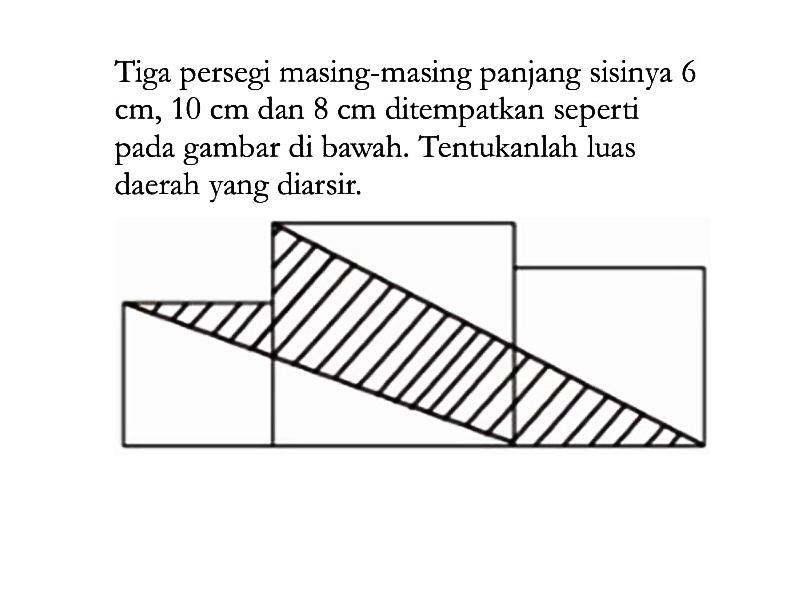 Tiga persegi masing-masing panjang sisinya 6 cm, 10 cm dan 8 cm ditempatkan seperti pada gambar di bawah. Tentukanlah luas daerah yang diarsir.