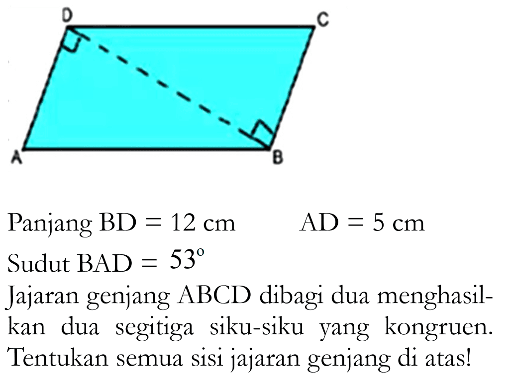 Panjang BD=12 cm AD=5 cm Sudut BAD =53 Jajaran genjang ABCD dibagi dua menghasil kan dua segitiga siku-siku yang kongruen.Tentukan semua sisi jajaran genjang di atas!