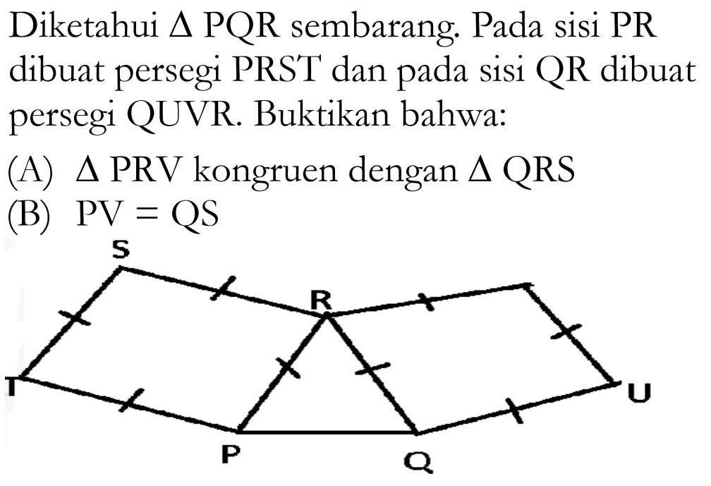 Diketahui segitiga PQR sembarang. Pada sisi PR dibuat persegi PRST dan pada sisi QR dibuat persegi QUVR. Buktikan bahwa: (A) segitiga PRV kongruen dengan segitiga QRS (B) PV=QS S R T P Q U 