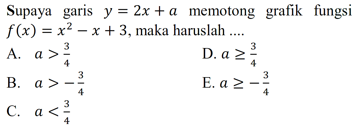 Supaya garis  y=2x+a  memotong grafik fungsi f(x)=x^2-x+3, maka haruslah ....