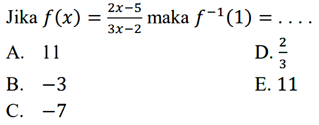 Jika f(x)=((2 x-5)/(3x-2)) maka f^(-1)(1)= ...