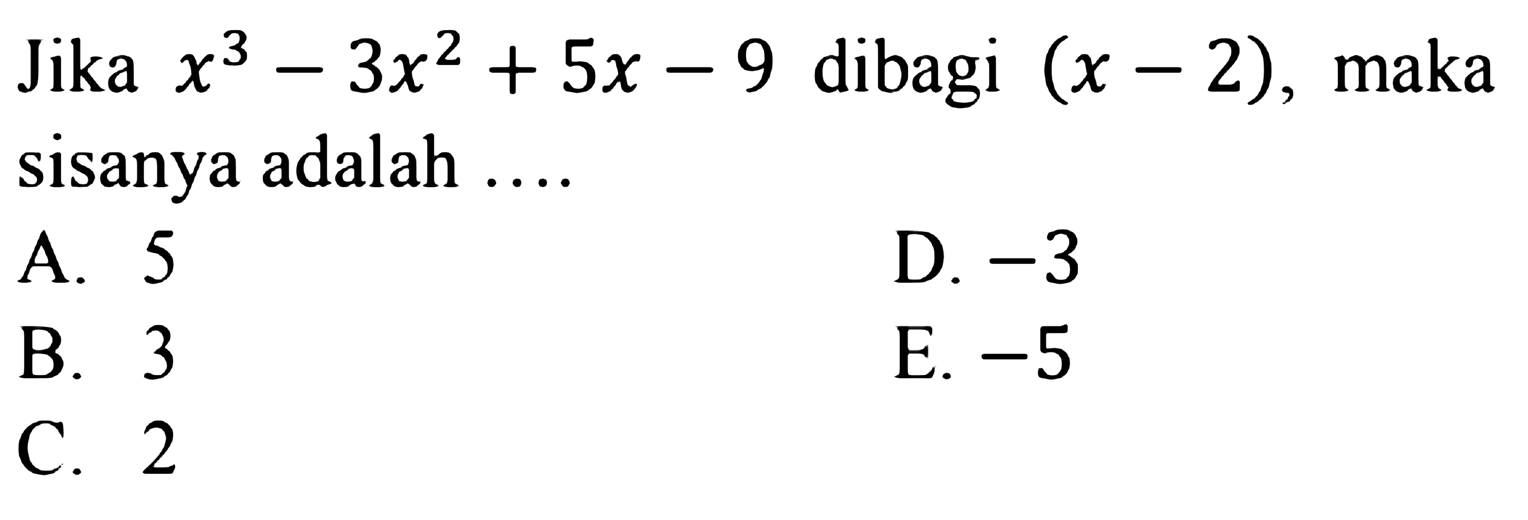 Jika x^3-3x^2+5x-9 dibagi (x-2), maka sisanya adalah ....